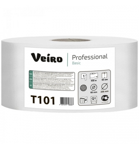 фото: Туалетная бумага Veiro Professional Basic T101 в рулоне, 450м, 1 слой, белая, 6 рулонов
